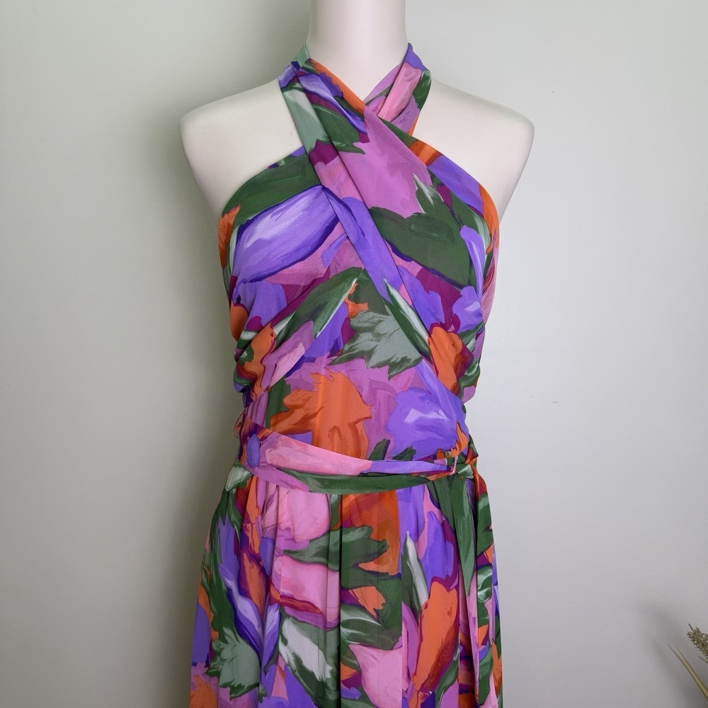 London Style Collection Floral Halter Maxi Dress Purple Pink Size 10 - Picture 2 of 7